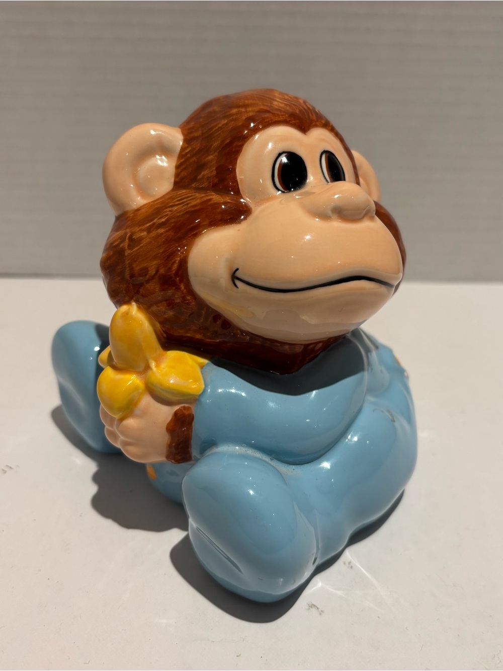 Enesco Vintage 1992 Monkey Coin Bank Debra K Cosentino Blue Ceramic Figurine